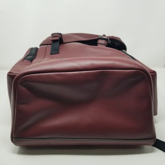 COACH Men's Burgundy Red & Black Leather Metal Buckle Drawstring Laptop Backpack - Picture 5 of 16